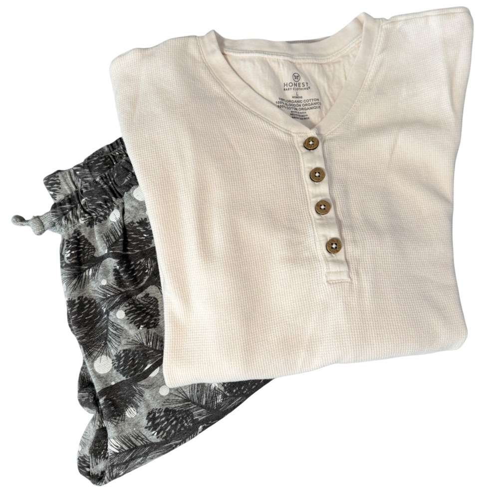 Honest Baby Pajama Set Womens L Cream Henley Thermal Organic Cotton Pine Cone